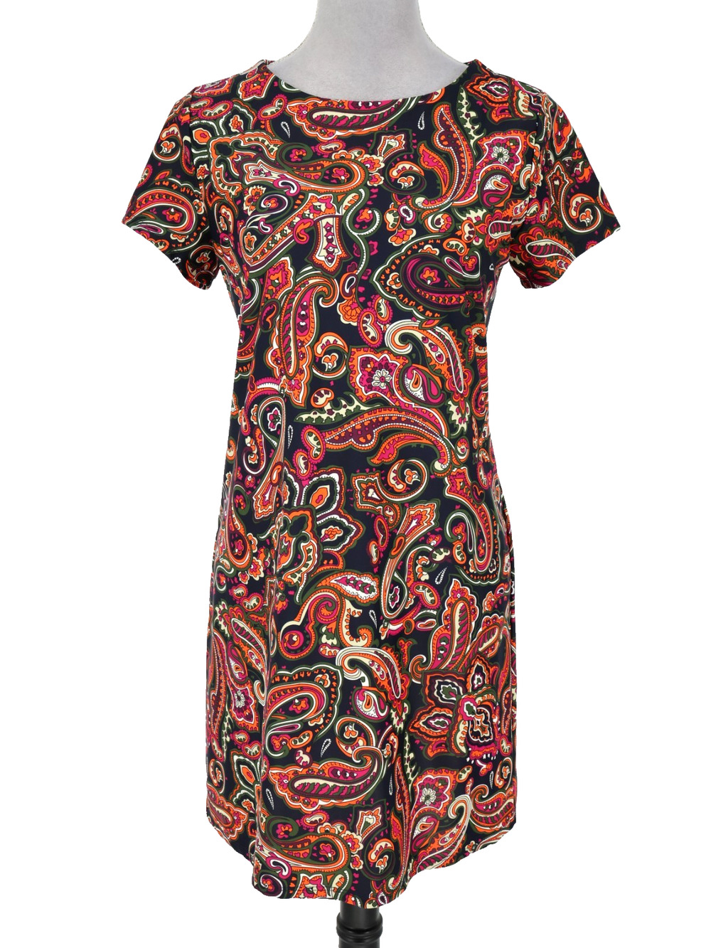 Jude Connally Dress Womens Small Black Orange Paisley Stretch Knit Pullover